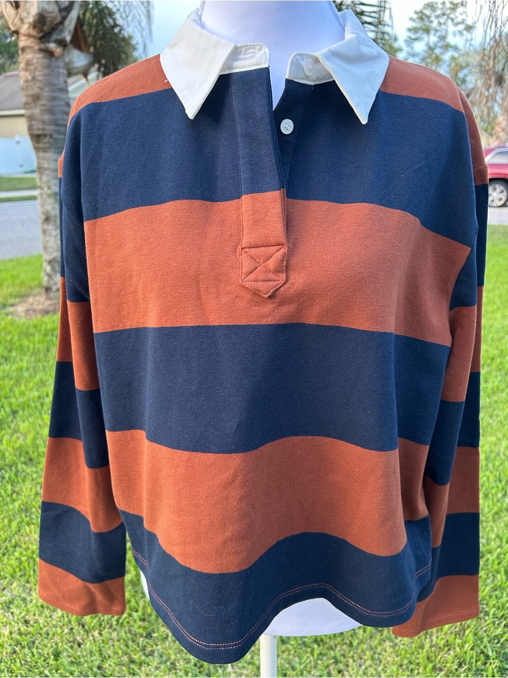 NWT🌷Sugarlips Chocolate Cropped Rugby Stripe Collared Long Sleeve Polo Shirt